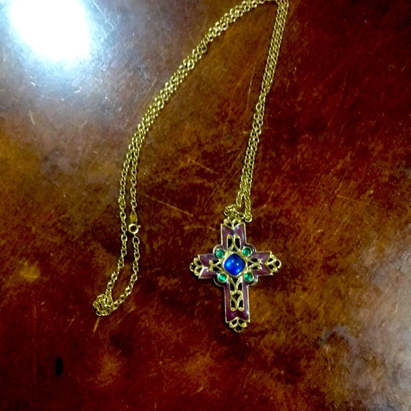 Avon Jewelry - Elegant Avon Vintage(80’s) Gold tone Purple Enamel Cabochon Cross Necklace